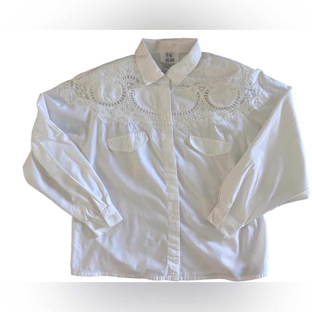 Vintage white lace appliqué western style button down blouse- cotton - XL - Picture 3 of 8